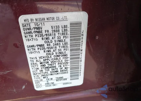 2012 Nissan Murano Sv z USA, uszkodzony, nr VIN JN8AZ1MU1CW103883